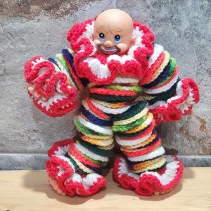 VTG Handmade Crochet Doll Clown Yarn Disc